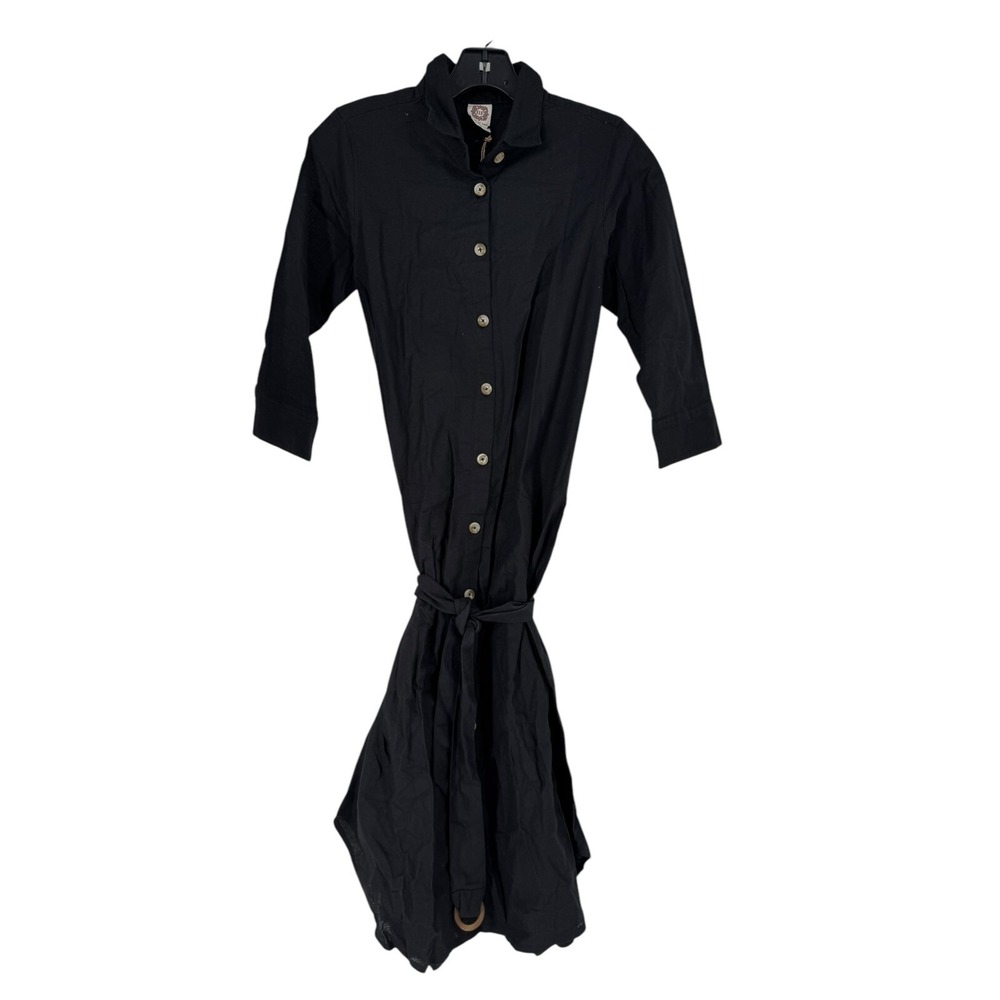 Bali Elf Women's Black Buttoned Collared Belted Linen Handmade Mini Dress Small